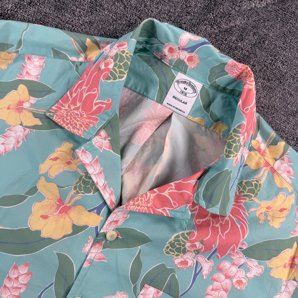 Brooks Brothers 1818 Mens Aqua Tropical Floral Cotton Camp Shirt Regular Fit M
